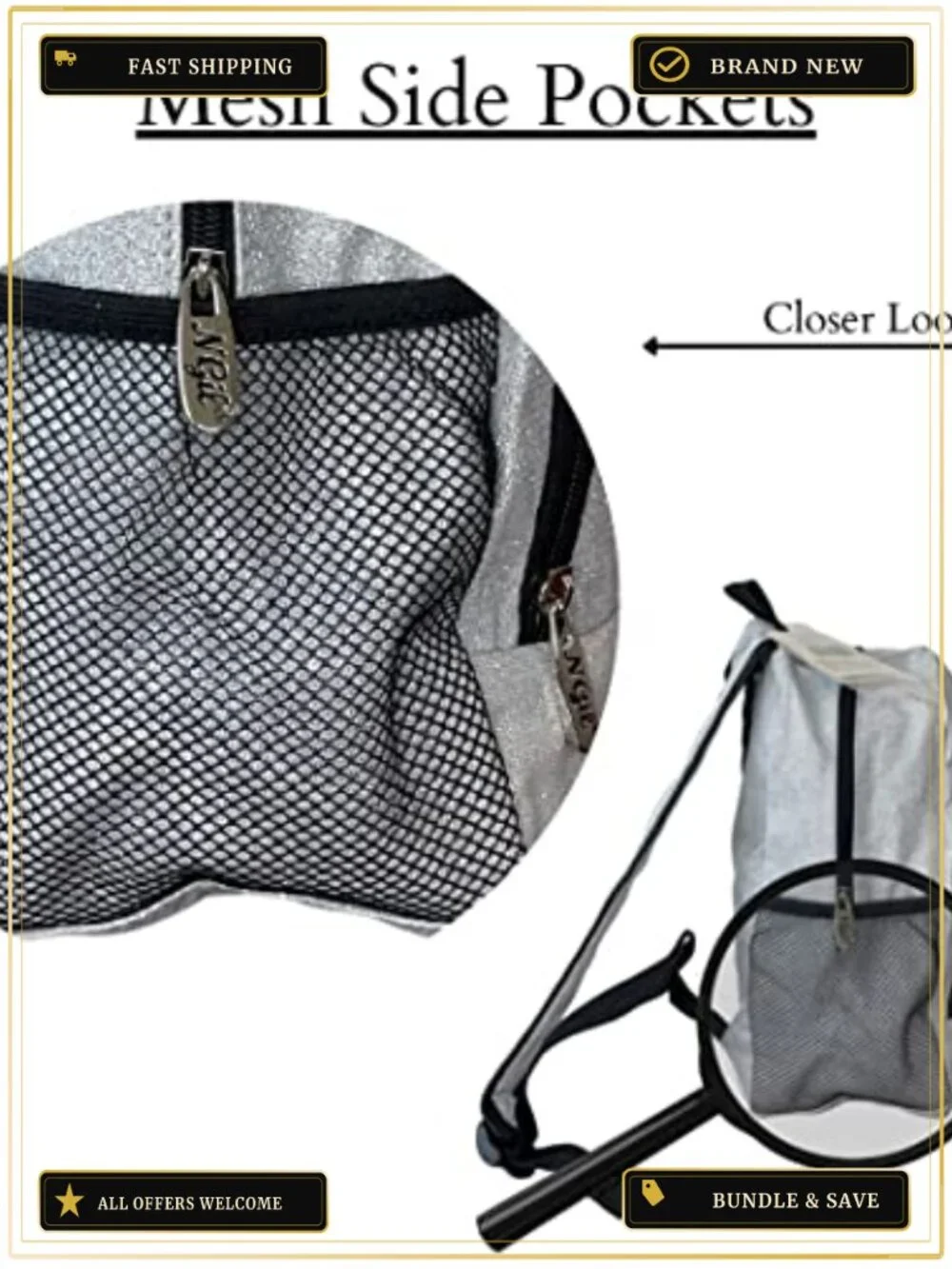 Canvas School Backpack with Glitter Foldable Lightweight Adjustable Straps for